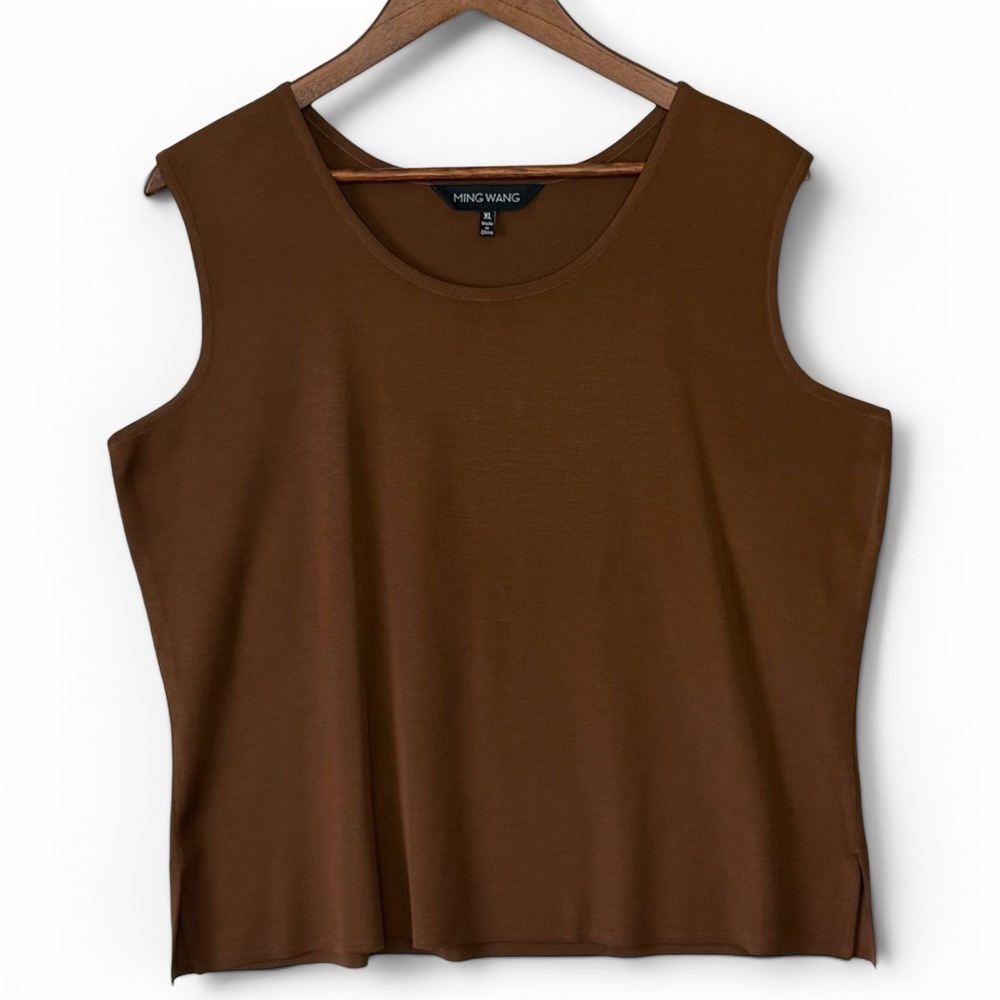 Ming‎ Wang Knit Tank Top XL Brown Sleeveless Scoop Neck Minimalist Quiet Luxury